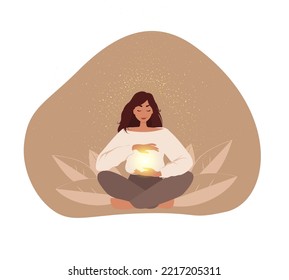 Reiki healing energy, woman in pose lotus, energy worker practicing with healing hands. Spiritual healing concept. Flat  vector illustration
