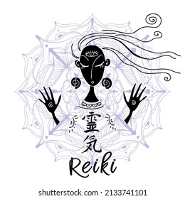 Reiki healing. A girl in the lotus position conducts a Reiki session. logo.Vector