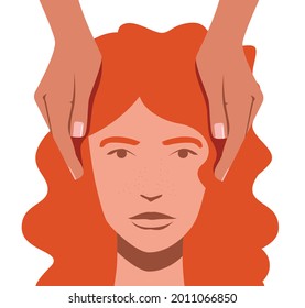Reiki Heilung Vektorgrafik flach Design Illustration. Palmheilszene. Die Hände umgeben den Kopf der Frau.