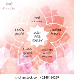 Reiki Principles - Printable Wall Art 
Sacred Energy In Your Home, Treatment Room Or Office. Background With Crystals, Lotus Flower And Bokeh Lights. 5 Reiki Principles To Create More Ease And Flow