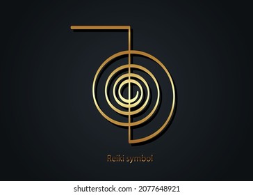 Reiki Symbol Infographic Gold Logo Icon, A Sacred Sign. Spiritual Energy. Alternative Medicine. Esoteric Mystical Spiral, Tattoo Vector Isolated On Black Background