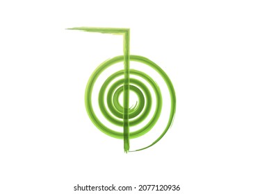 Reiki symbol infographic watercolor icon, a sacred sign. Spiritual energy. Alternative medicine. Esoteric mystical spiral, green tattoo vector isolated on white background