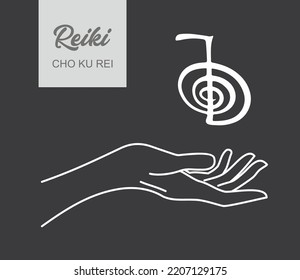 Reiki symbol. A sacred sign CHO KU REI. A hand holds Reiki CHO KU REI sign on a black background. Alternative medicine.