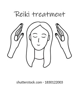 Reiki treatment alternative medicine. Doodle sketch hand drawn vector  illustration of woman and healing palms on white background. Isolated outline. 