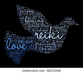 Reiki word cloud on a black background.  