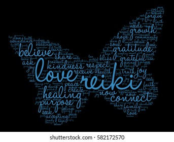 Reiki word cloud on a black background.  