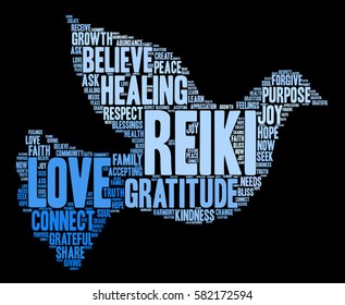 Reiki word cloud on a black background.  