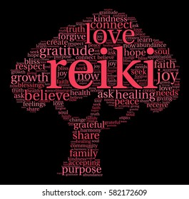 Reiki word cloud on a black background.  
