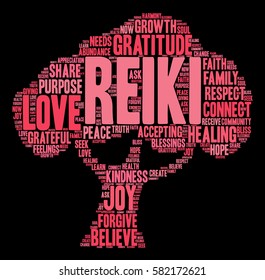 Reiki word cloud on a black background.  