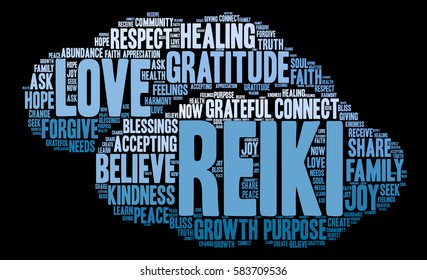 Reiki word cloud on a black background. 