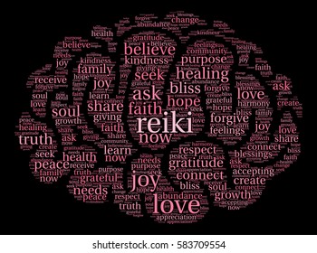 Reiki word cloud on a black background. 