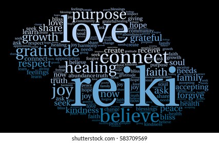Reiki word cloud on a black background. 