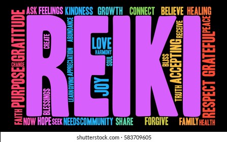Reiki word cloud on a black background. 