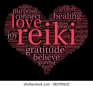 Reiki word cloud on a black background. 