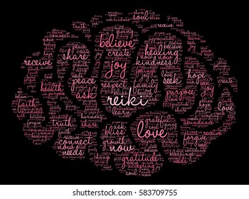 Reiki word cloud on a black background. 