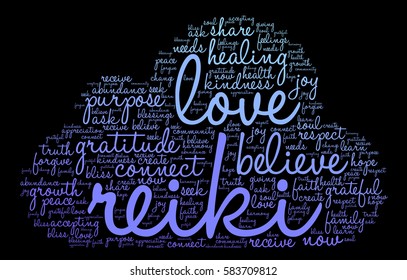 Reiki word cloud on a black background. 