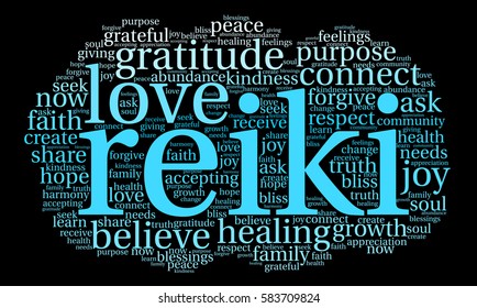 Reiki word cloud on a black background. 