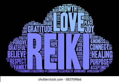 Reiki word cloud on a black background. 