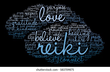 Reiki word cloud on a black background. 