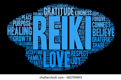 Reiki word cloud on a black background. 