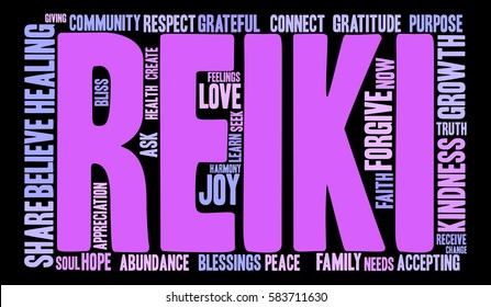 Reiki word cloud on a black background.  