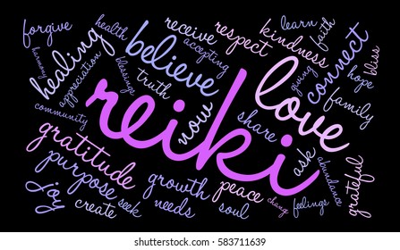 Reiki word cloud on a black background.  
