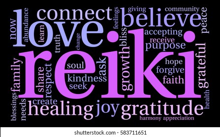 Reiki word cloud on a black background.  