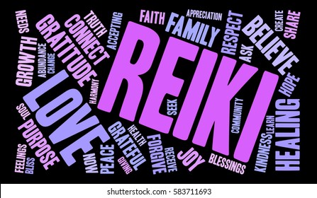 Reiki word cloud on a black background.  