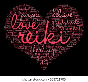 Reiki word cloud on a black background.  