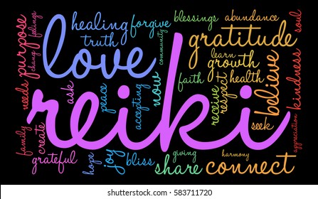 Reiki word cloud on a black background.  