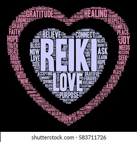 Reiki word cloud on a black background.  