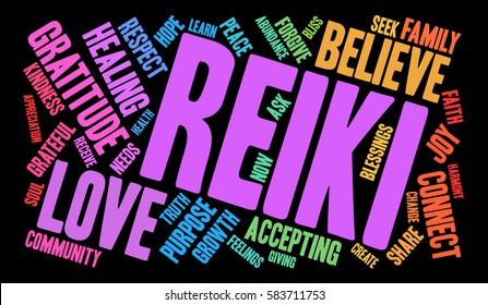 Reiki word cloud on a black background.  