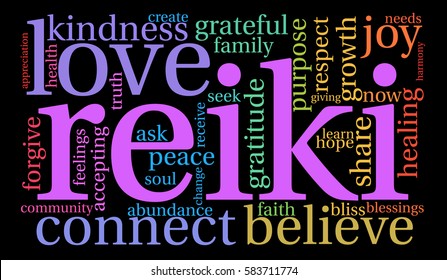 Reiki word cloud on a black background.  