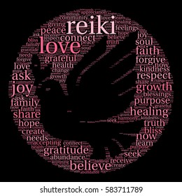 Reiki word cloud on a black background.  