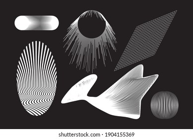 The reimagined design of 80-90s, retro-futurism, brutalist style. New look at design, with distorted and extraordinary forms, bold abstract geometric shapes. For web, media, sci-fi scenes, games logo