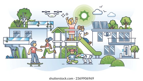 Reimaginación de espacios verdes y moderna zona de juegos para niños. Niños jugando en la ilustración de vectores de zona de relajación sostenible y respetuosa con la naturaleza. Área urbana de casas innovadoras.