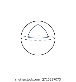 Concepto de geometría reimaniana con triángulo con ángulos mayores de noventa grados en la superficie de una esfera. Círculos negros y esfera con triángulo azul sobre un fondo blanco. Representación de un principio y concepto matemático con fines educativos. Un tipo de geometría diferente a la geometría euclidiana, relacionada con la física y la relatividad general también.