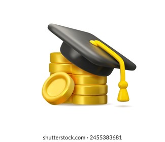 Reembolso de gastos de educación. Icono 3d del Vector de la beca aislado. Ilustración de la matrícula de secundaria. Tapa de graduado y pila de monedas de oro