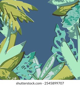 Rein Forest background. Palm leaves, Aloe and other. Cut out of the paper like. Vector with texture and shadow. Isolated.