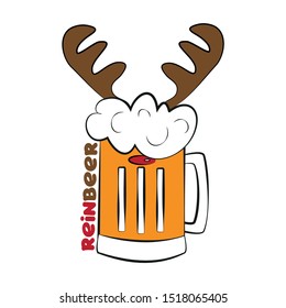 Reinbeer-funny christmas text and cute beer mug with reindeer antler. Good for textile, t-shirt, banner ,poster, print on gift.