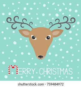 Reindeeer head. Merry christmas. Candy cane. Cute cartoon deer face with curly horns. Blue winter snow flake background. Greeting card. Flat design. Vector illustration