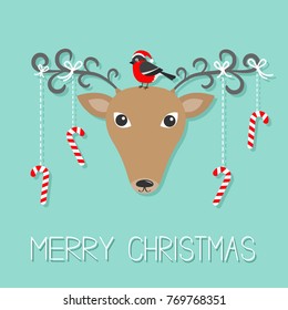 Reindeeer head. Merry christmas. Hanging stick candy cane. Bullfinch winter red feather bird. Cute cartoon deer face with curly horns. Blue background. Greeting card. Flat design. Vector illustration