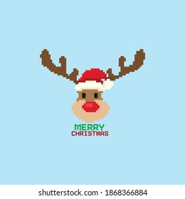 Reindeer 8 bit cartoon merry christmas isolated on sky background