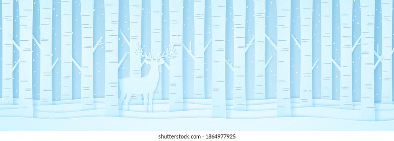 Reindeer among pine trees on snow in winter landscape with snow falling, paper art style