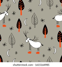Reindeer. An animal with horns. Illustration in folk style. Stylized mountains. Scandinavian print. Seamless pattern for kids..