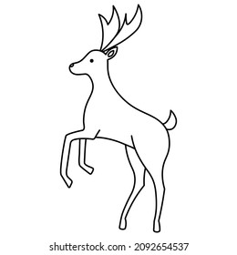 Reindeer. The animal reared up. Sketch. Pet of Santa Claus. Mammal with horns and hooves. Vector illustration. Doodle style. Coloring book for children. Outline on an isolated background. 