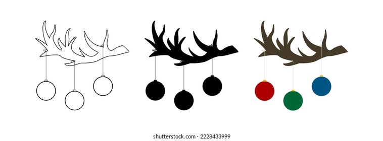 Reindeer antler with Christmas toys. Vector coloring page.