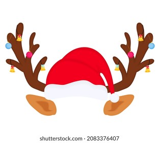 Reindeer antlers with Christmas balls and bells and Santa Claus hat. Funny selfie photo mask