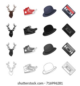 Reindeer antlers, gumshoes, hat, audio cassette. Hipster style set collection icons in cartoon black monochrome outline style vector symbol stock illustration web.