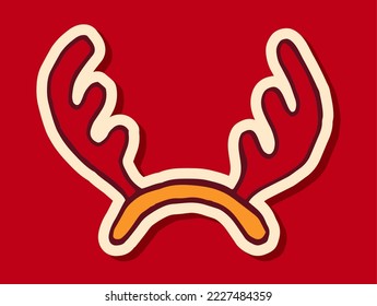 Reindeer antlers, hand drawn Christmas doodle design element. Winter holidays greeting card item isolated over red background. Vector illustration.